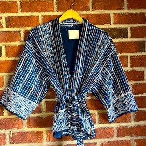 Lucky Brand Denim chambray, red and white kimono style belted coat